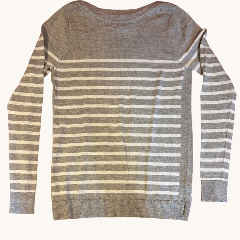 JONES & CO Women's 100% Merino Wool Nautical Sweater LARGE Gray Striped Boatneck